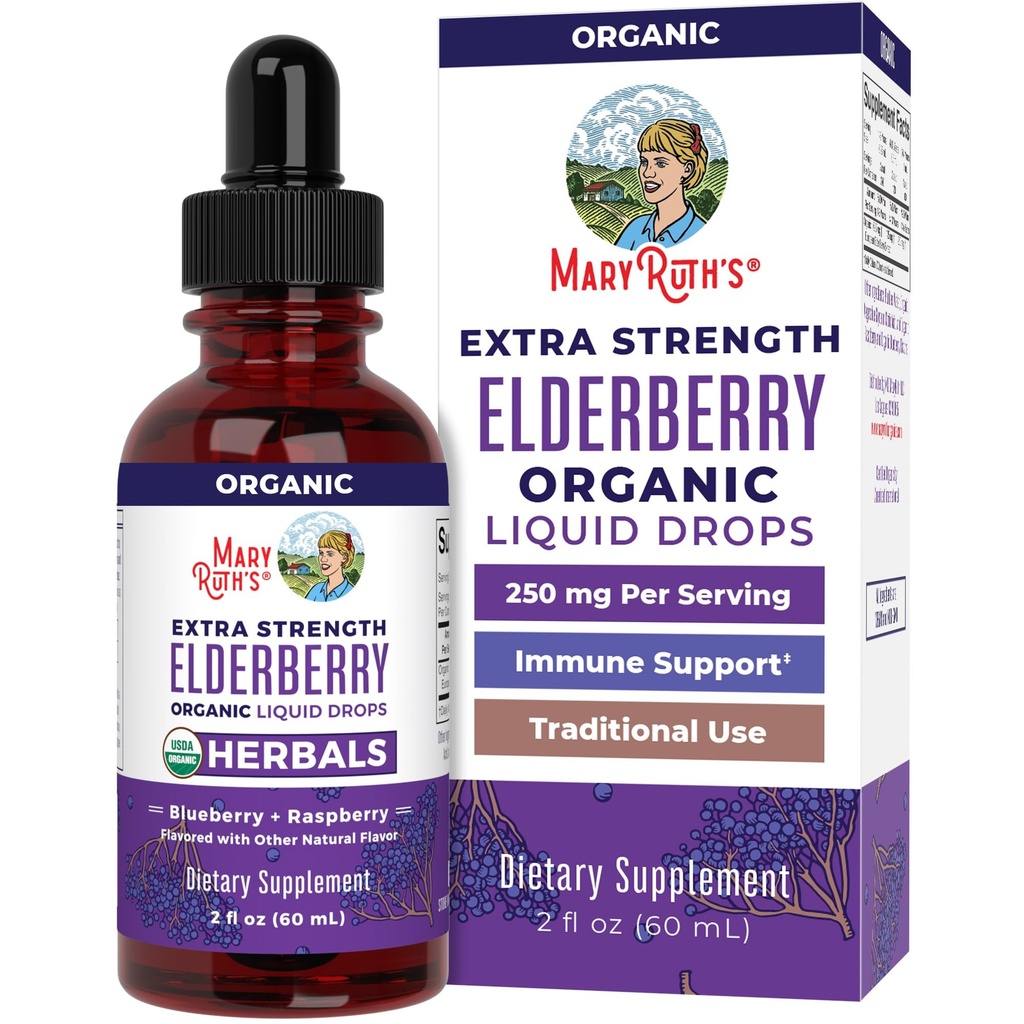 MaryRuth Organics Elderberry Syrup Ekstra Kekuatan, USDA Organik Elderberry, Sugar Free Adults & Children Ammune Suppport for Ages 1 +, Clean Label Project Verified ®, Vegan, Gluten Free, 2 Fl Oz