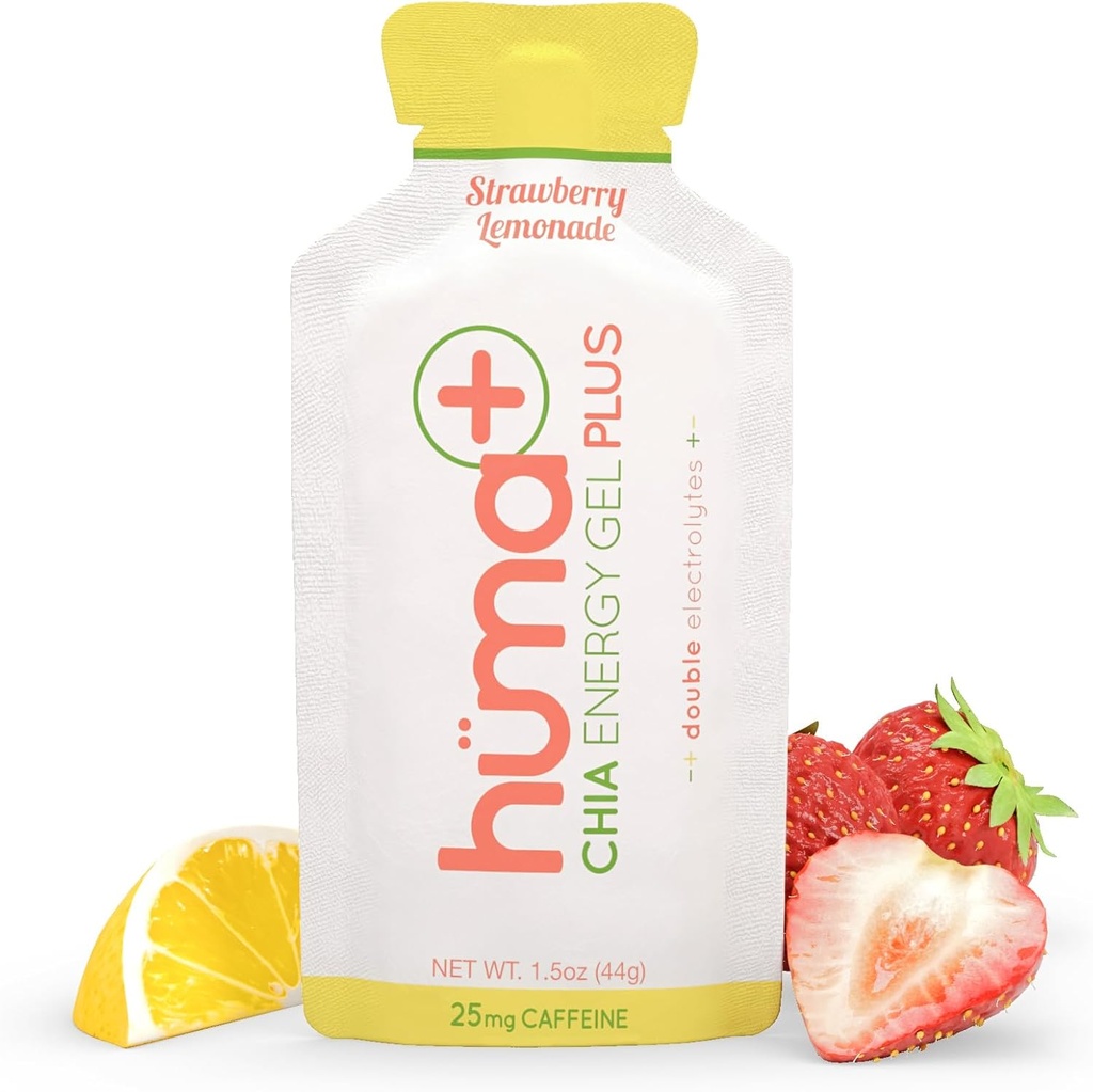 Huma Plus (Double Electrolites) - Chia Energy Gel, Strawberry Lemonade, 24 Gels, 25mg Caffeine - Perut Ramah, Real Food Gels