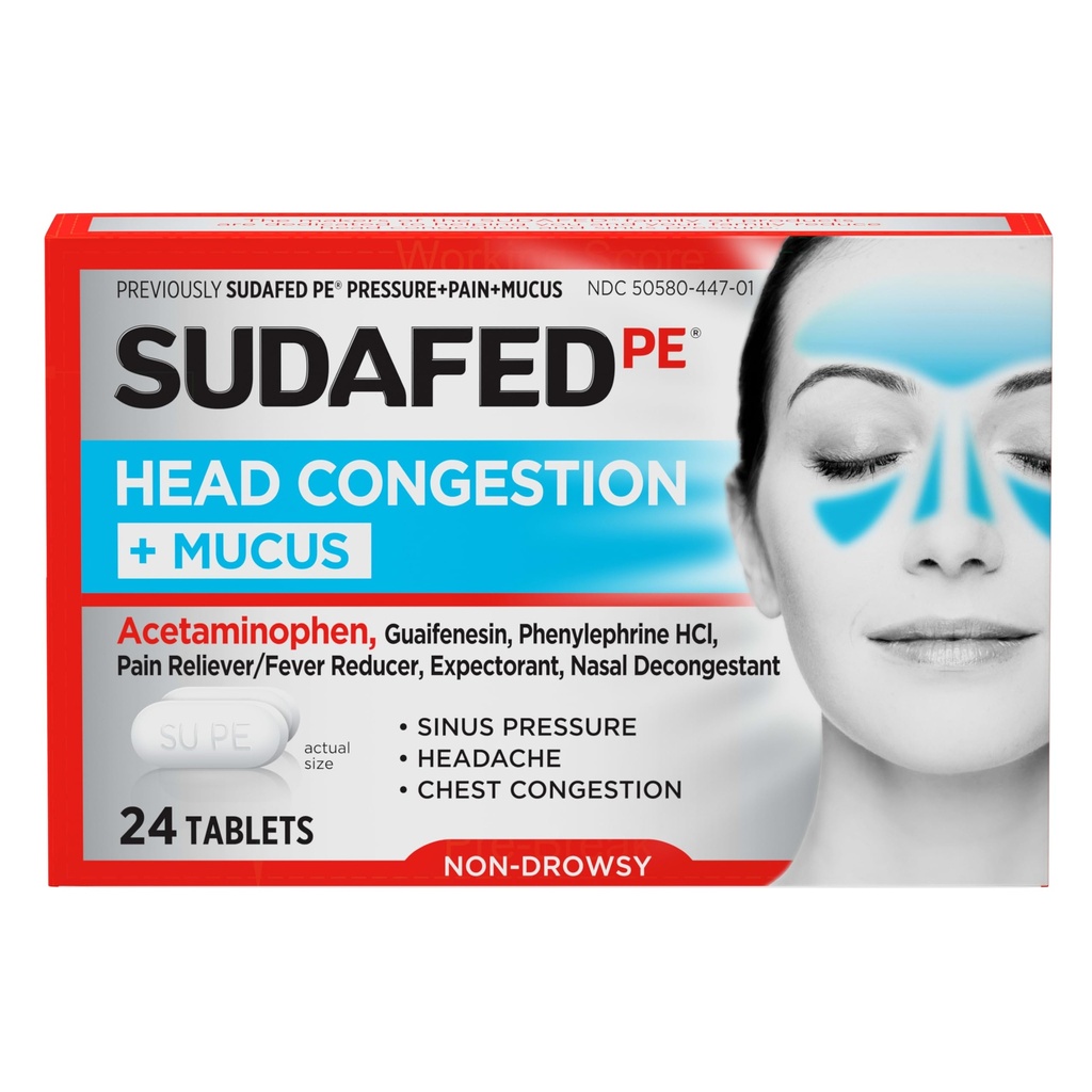 Sudafed PE Head Contraffic + Muscus Relief Tablet for Sinus Pressure, Contraction, & Headtache, Non-Drowsy Decongestant with Acetaminophen, Guaifenesin & Phenylephrine HCI, 24