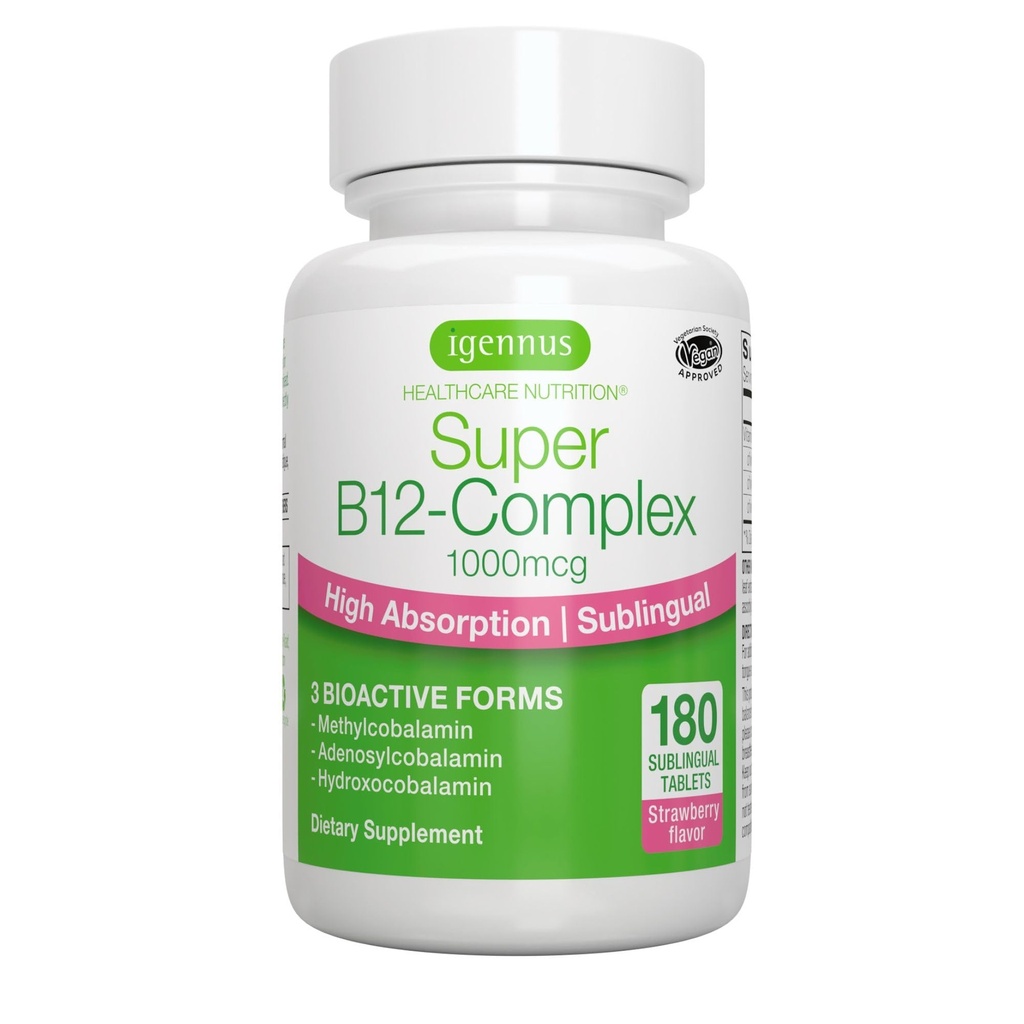 Igennus Sublinual Vitamin B12 Complex 1000mcg, Methylclamin, Adenosylcobalamin & Hydroxocobalamin, High Absorpsi & Clean, 180 Methylcobalamin, Sugar- Free & Vegan