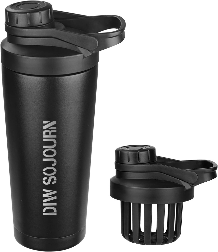 DiW 24 oz Shaker Bottle, Stainless Steel Shaker Bottle dengan Noise- Free Design, Insulated Metal Shaker Cup untuk Protein Mix and Pre Workout, Gym Bottle Shaker (Black)