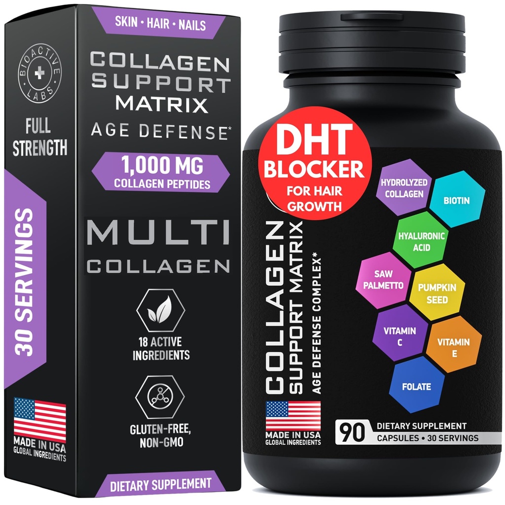 Age Defense Beauty Collagen - 2.000mg Multi Collagen Biotin Kertin Acid Saw Palmetto C Suplemen - DHT Blocker for Men & Women for Hair Gluten- Free Caps