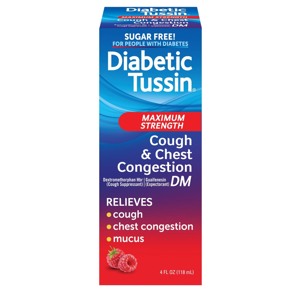 Diabetic Tussin DM Maximum Power Cough and Chest Contraffic Relief Liquid Syrup, Safe for Diabetics, Berry Flavored, 4 Fl Oz (Pack of 1)