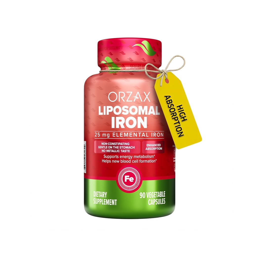 OrZAX Iron Supplement 25 mg-Lipomal Technolog- High Bioavability 90 Vegetable Capsules, Membantu Produksi Sel Darah Baru, Non-Constipating, Non- GMO & Gluten Bebas, untuk Perempuan, Pria, Dewasa