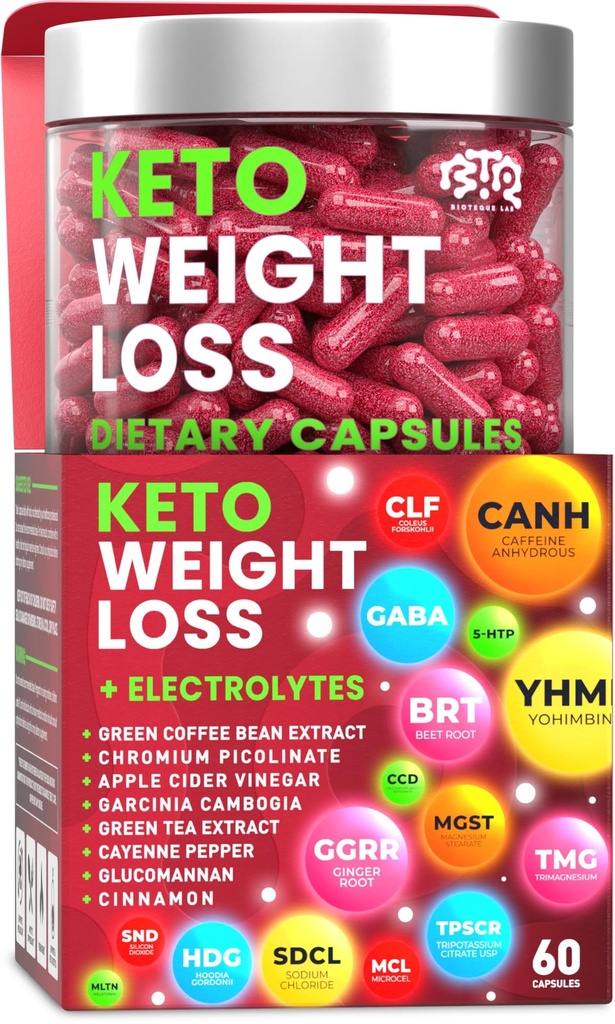 Keto Weight Loss Diet Pills, Natural Appetite Suppresan, Fat Burner for Women and Men with Apple Cider, Green Coffee Bean Extract, Curb Crauges & Hunger, Metabolisme Booster Supplemen - 60 Capsules