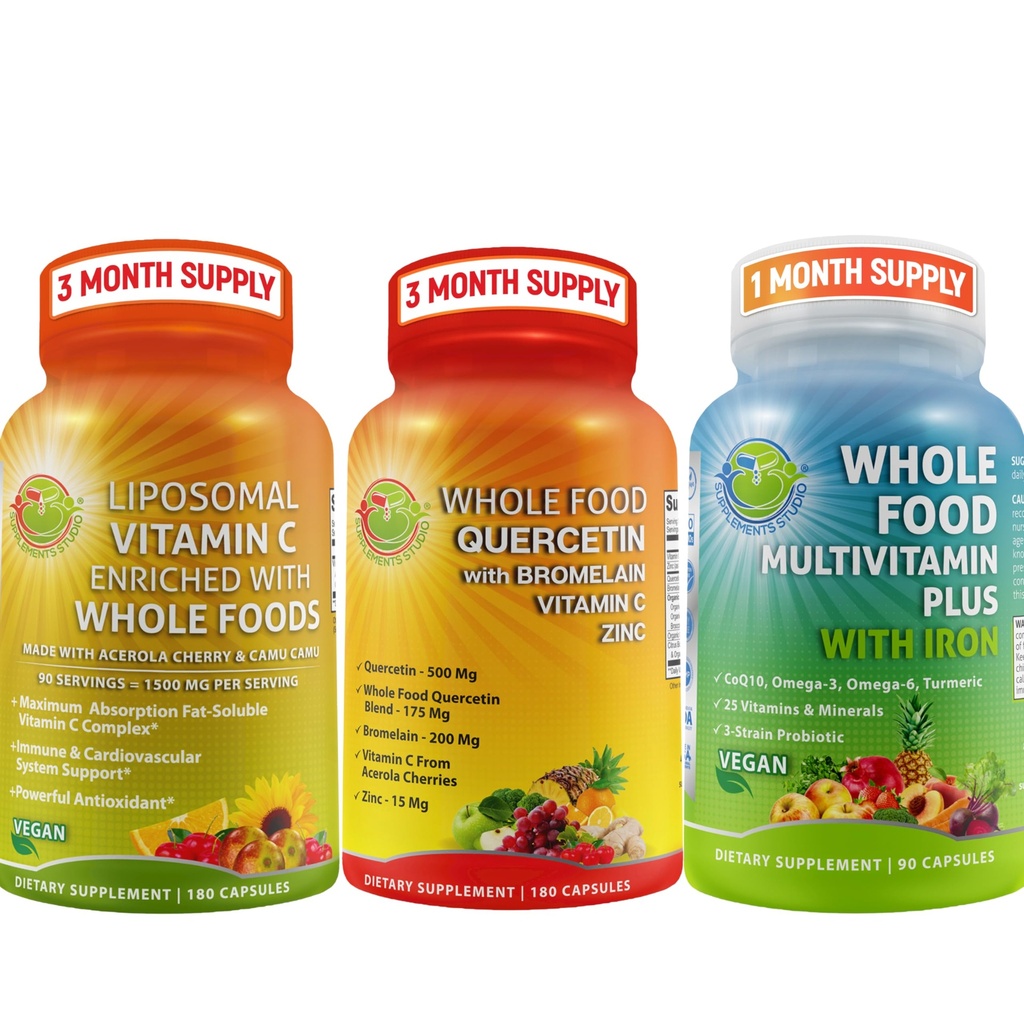 Lengkap Daily Vitamin - Quercetin dengan Bromelain Tambahan Bundle dengan Multivitamin Plus untuk Pria & Perempuan dengan Besi dan Lipomal Vitamin C Liquid Geel - untuk Imune, Repiratory, Digeptical Dukungan