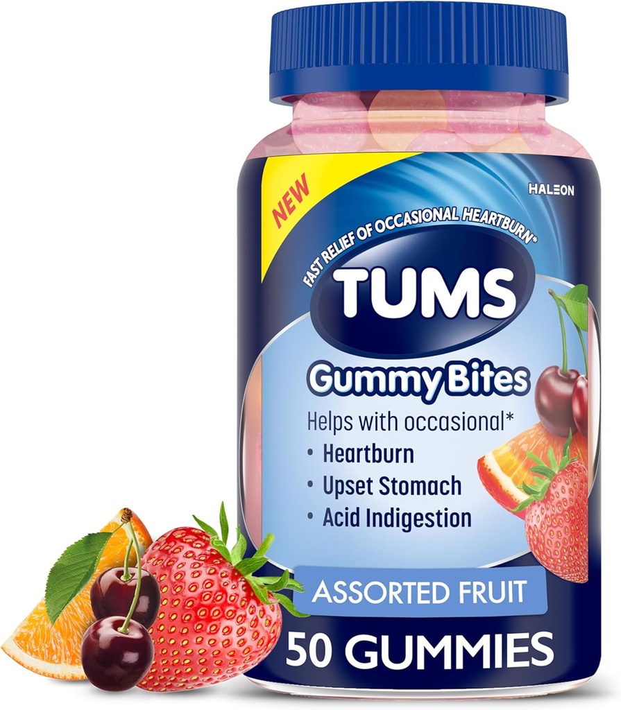 TuMS Gummy Bite Dietary Supplement for Occational Heartburn Relief, Upset Homach and Acid Internable, Assored Fruit Flavors - 50 Count
