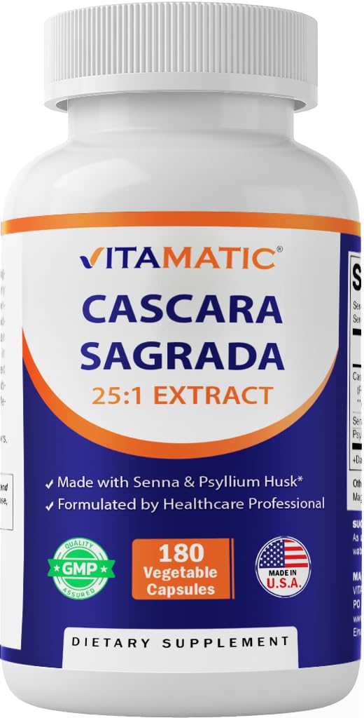 Vitamatic Cascara Sagrada Made with Senna & Psyllium Husk - 180 Veg Capsules - concentforted 25X Potency - All Natural - Non- GMO