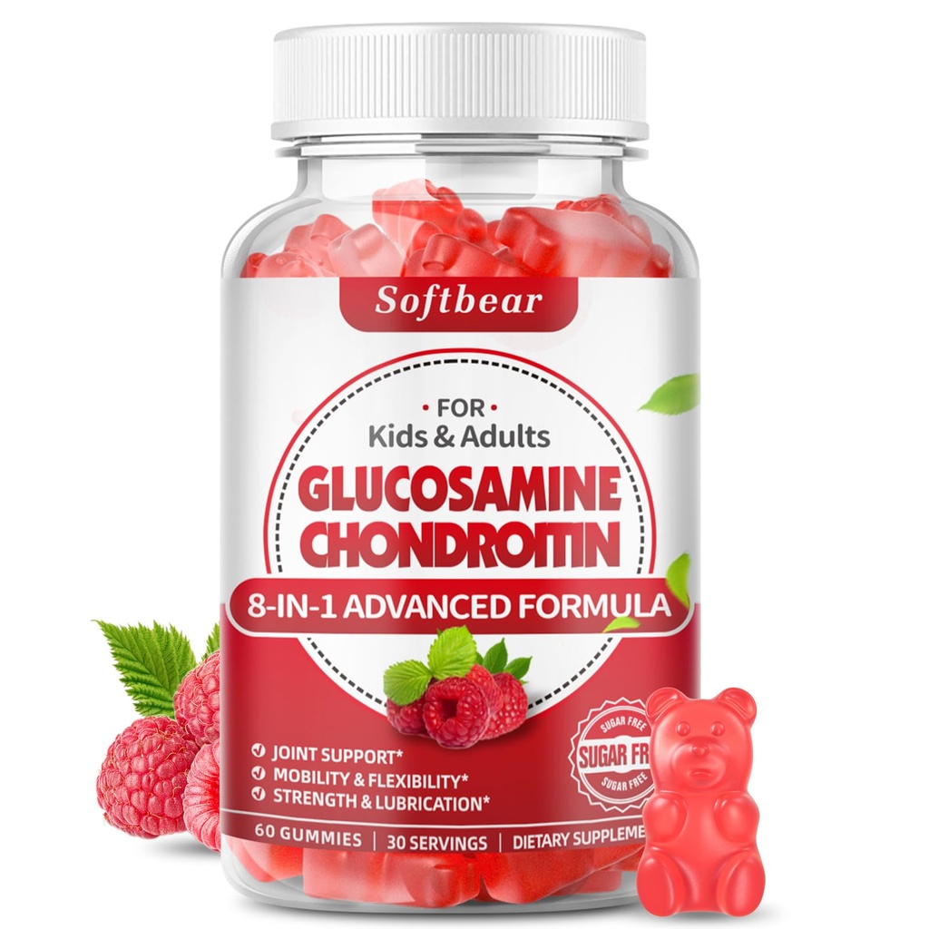 Glucosamine Chondroitin Gummies, Sugar Free Glucosamine Chondroitin MSM Tambahan dengan Elderberry Turmeric Supports Joint Health & Antioksidant, Raspberry Flavored 60 Count