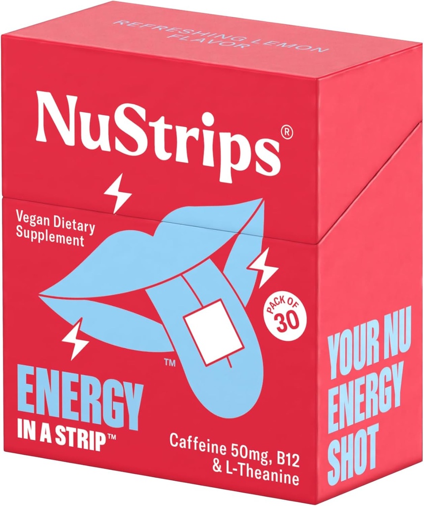 Nutstrips ♪ Fast- Dissoling Energy Strips with 50mg Caffeine, L-Theanine & Vitamin B12 - Instant Energy & Focus Without Jitters atau Crash - Works Faster Than Coffee - Refreshing Lemon - 30 Strips