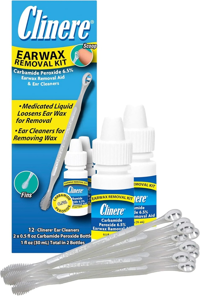Clinere Earwax Removal Kit, Safely and Gently Clean Ear Wax, Itch Relief, Works Instantly .5oz Carbamide Peroksida, 2 x .5 Fl Oz dengan 12 Tongkat