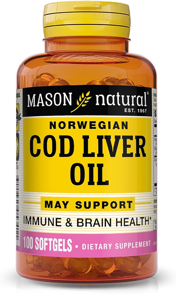 Mason Natural Cod Liver Plus Vitamin A & D3 - Healthy Heart and Brain Fungsi, Peningkatan Kebal, Suptgels Overall Health, 100 Softgel
