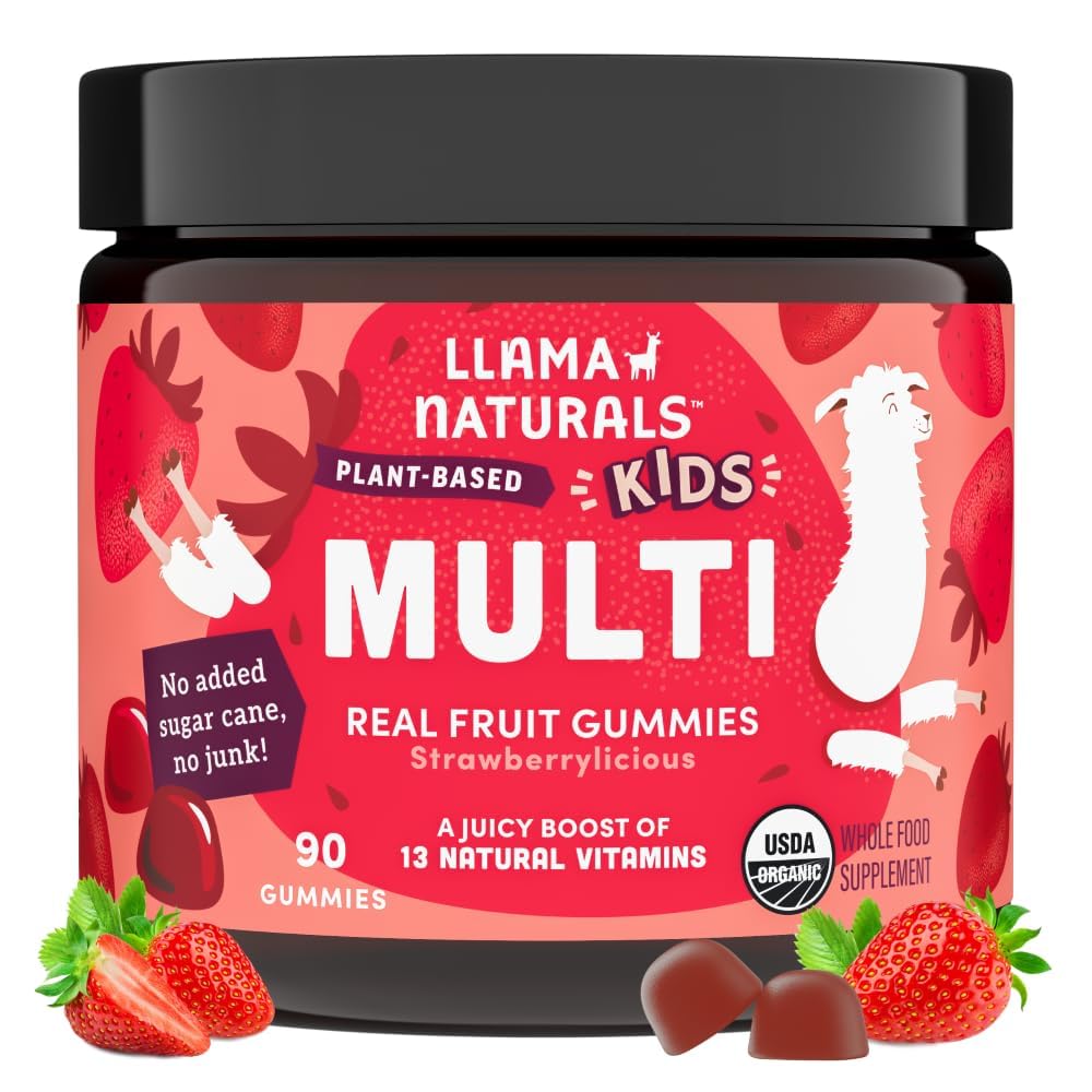 Anak Llama Multivitamin Gummies, Vegan, Organik dengan Vitamin D, C & K, Toddler Real Fruit Vitamin, Suplemen Chewable Food Multivitamin, No Ditambahkan Sugar Cane, Strawberry, 90 Ct