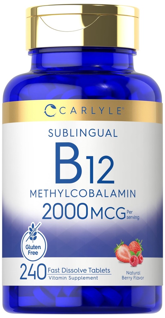 Carlyle B12 Vitamin 2000 mcg 124; 240 Fast Dissolve Tablets 2.4; Sublingual Methylcobalamin 124; Berry Flavor 124; Vegetarian, Non-GMO & Gluten Free Suplemen