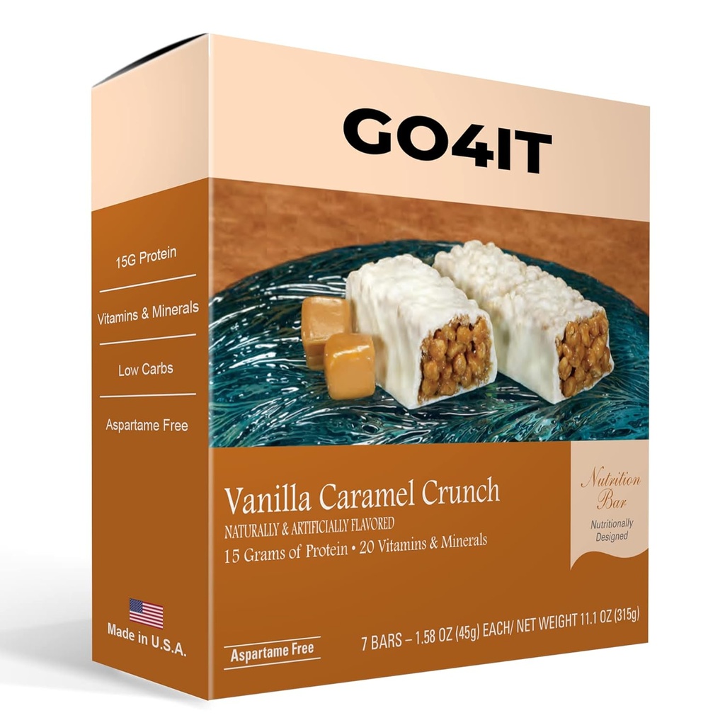 Bar Pengganti Kesehatan GO4IT Meal, Bar Nutrisi Protein Tinggi, Serat Tinggi, Kalori LOW, KETO ramah, Onthe- go, WlighLoss Food Bar, 7 / Box - (Vanilla Caramel Crunch)