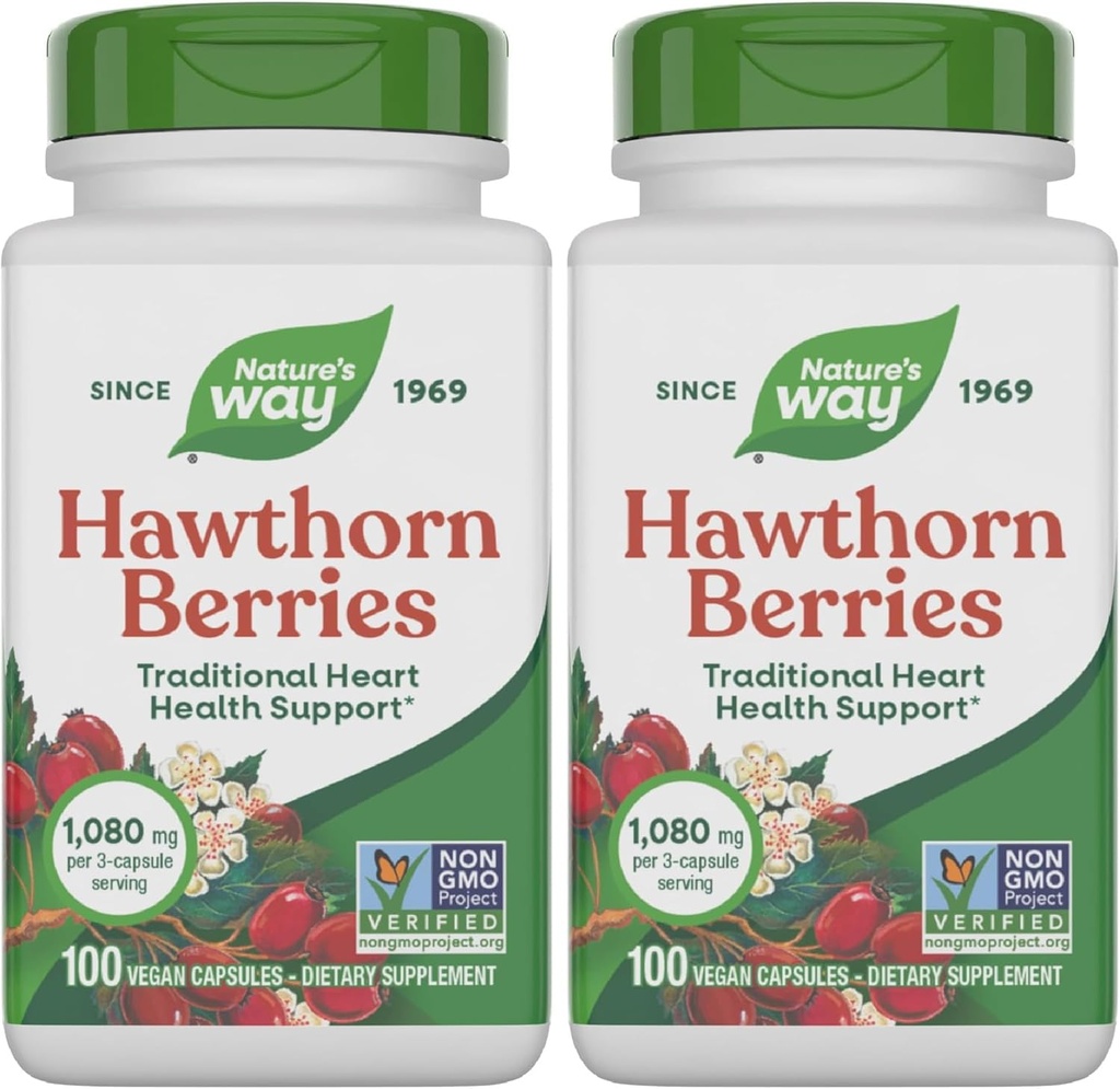 Nature 's Way Herbal Hawthorn berry, Tradisional Heart Health Support *, 100 Vegan Capsules (Packaging May Wary) (Pack of 2)