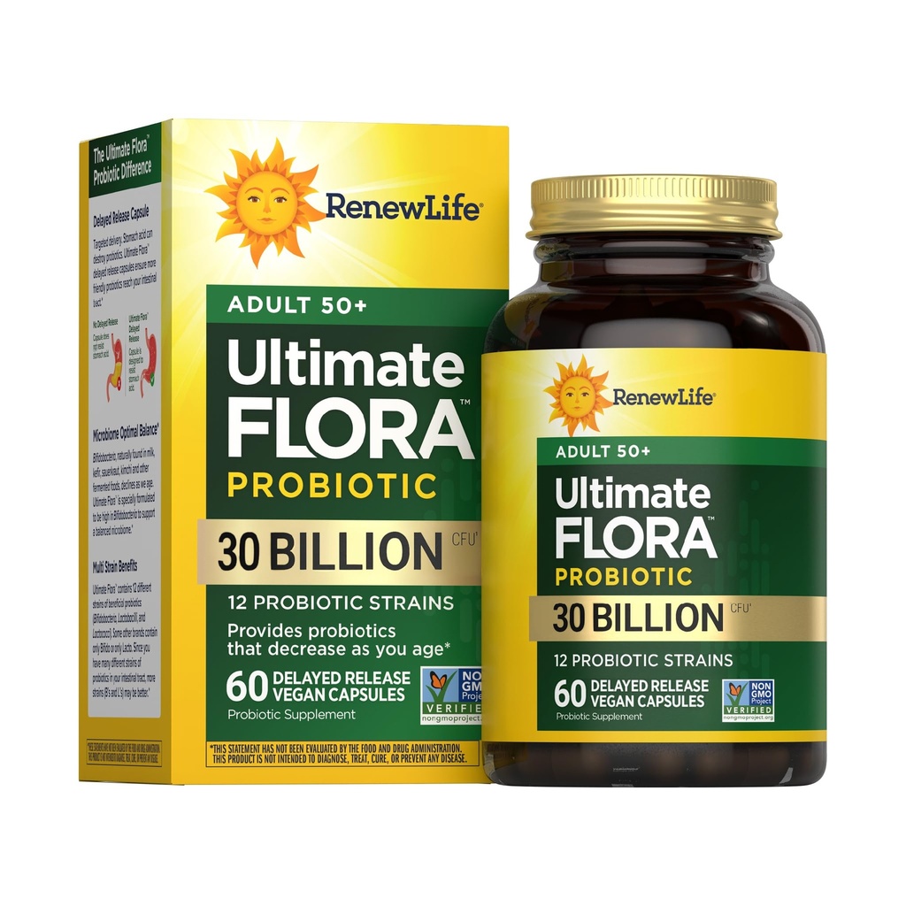 Renew Life Probiotic Adult 50 Plus Probiotic Capsules, Daily Support Urinary, Digetical and Immune Health, L. Rhamnosus GG, Dairy, Soy dan gluten- free, 30 Milyar CFU, 60 Count