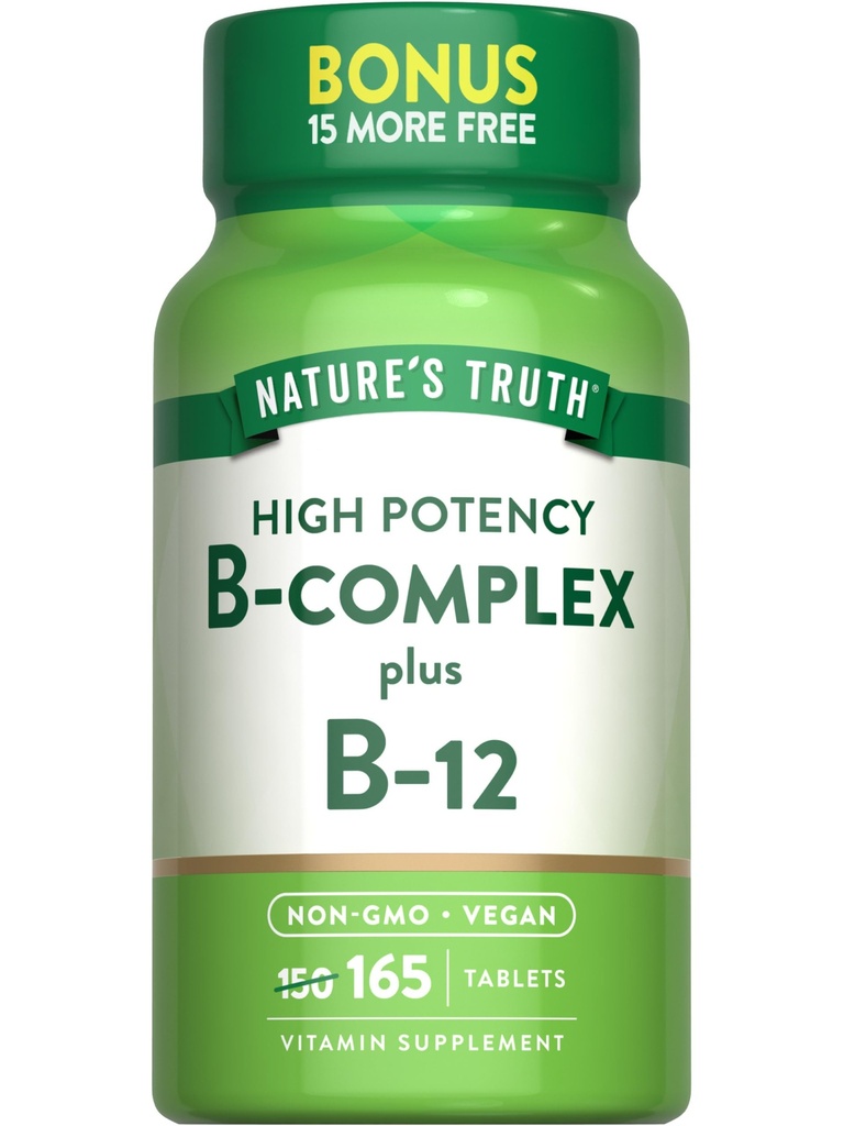 Kebenaran Alam Vitamin B Kompleks 124; 165 Tablet = 124; Plus B12; Vegan & Non- GMO Suplemen