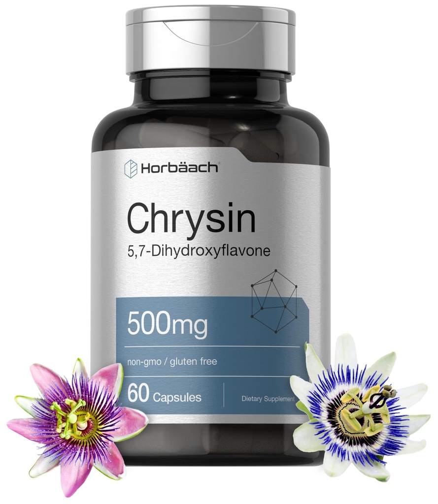Horbäach Chrysin Supplement 126; 500mg 124; 60 Capsules 124; Passion Flower Extract 126; Non-GMO, Gluten Free Suplemen