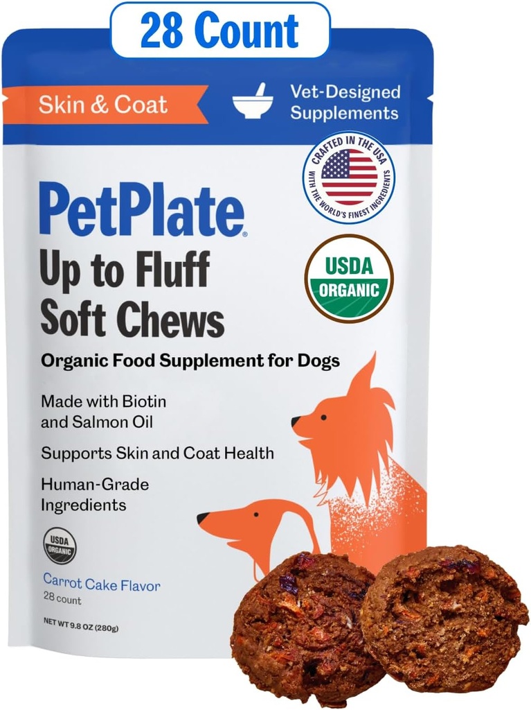 PetPlate Up to Fluff Soft Chews for Dogs, Skin & Coat Supplement, USDA Organic Suplement, Grain- Free, Mandare, Includes Salmon Oil and Biotin, Pet Supplies (Pack 1, 9.8 Ounce)