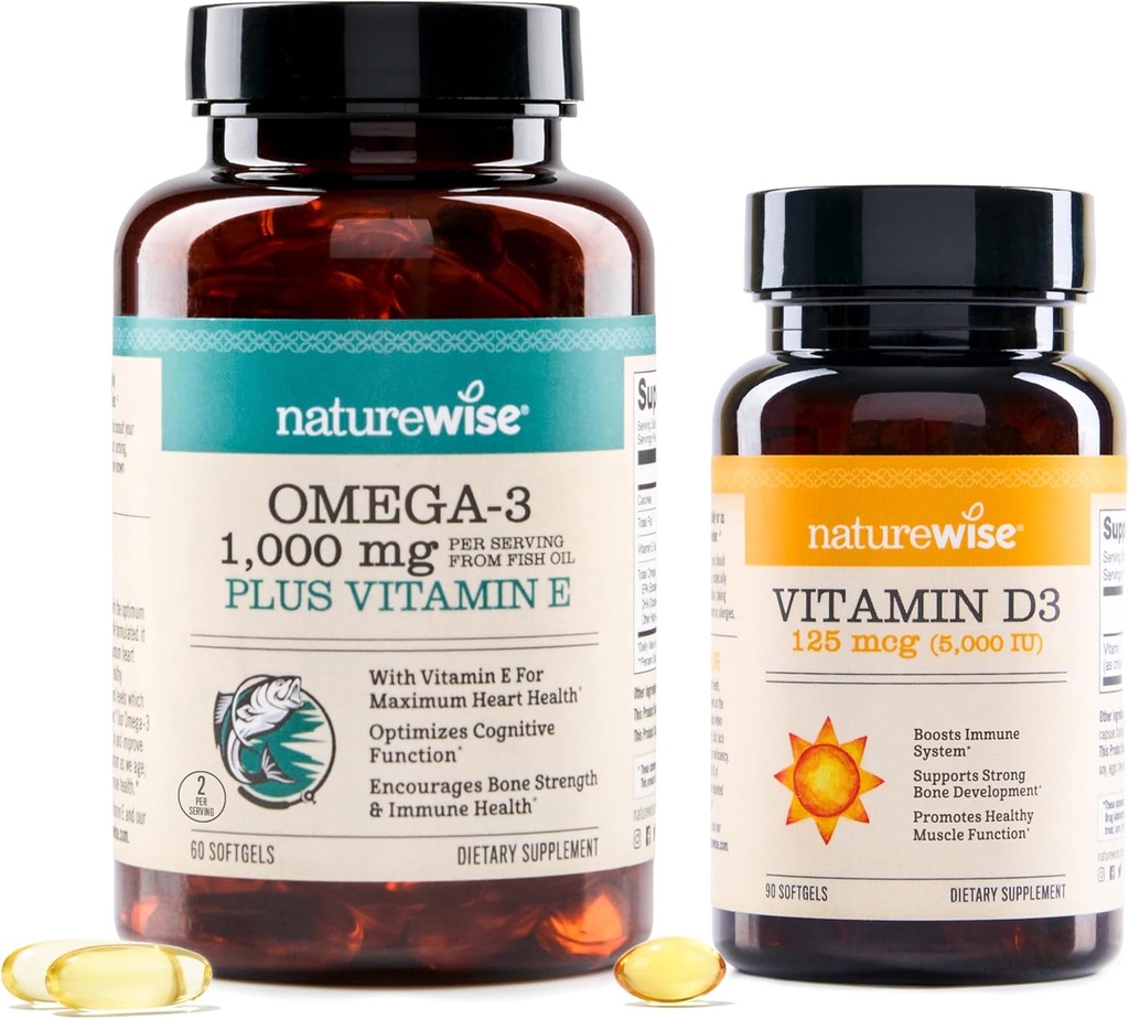 NaturreWise High- Potency 1000mg Omega 3 dengan 600mg EPA, 400mg DHA, & Vitamin E & Vitamin D3 5000iu (125 mcg) Fungsi Otot sehat, dan Dukungan Imune
