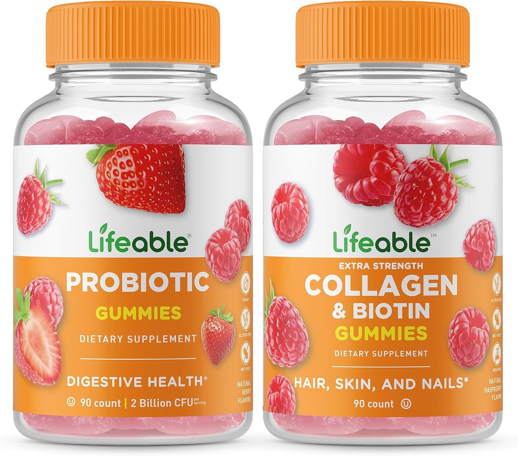 Probiotik Lifeable 2 Miliar CFU + Collagen & Biotin, Gummies Bundle - Great Tasting, Vitamin Suplemen, Gluten Bebas, GMO Bebas, Gummy Chewable