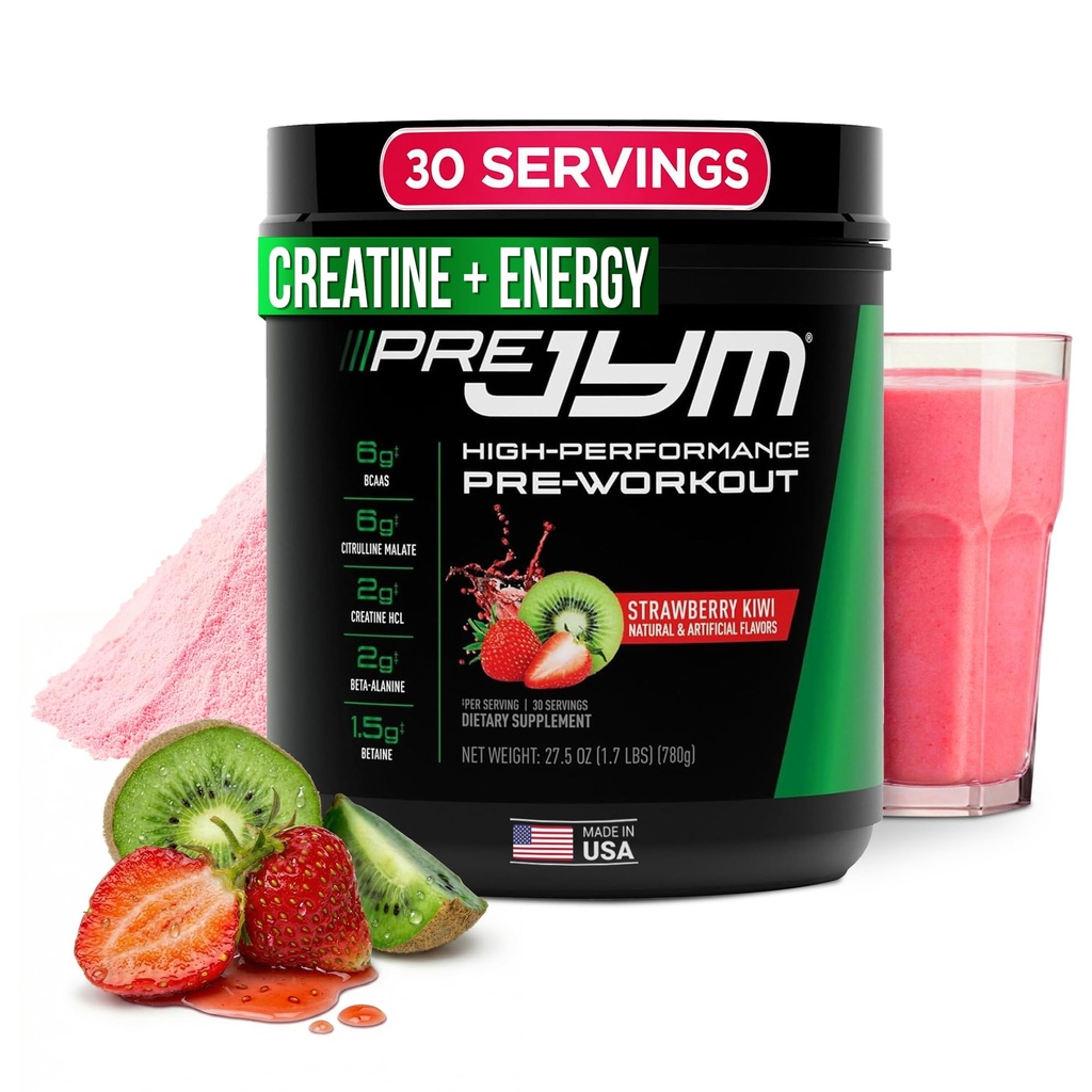 JYM Support Science Pra JYM Strawberry Kiwi Pre Workout Powder - BCAAs, Nootropics, Cretine HCI, Citrulline, Beta- Alanine, Betaine, Taurine, Huperzine 30 Servings