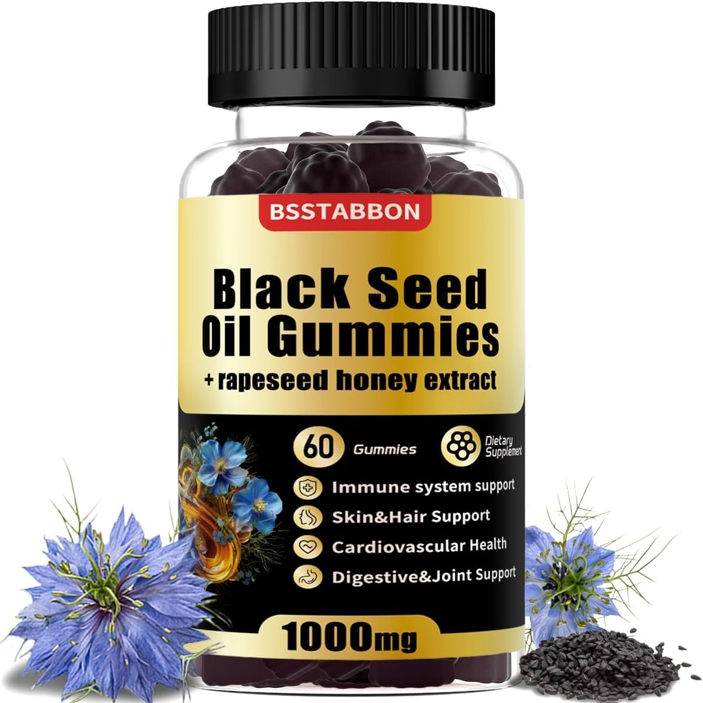 Gumi Minyak Benih Hitam dengan 1000mg Minyak Benih Hitam Organik, 25mg Ekstrak Madu, Vitamin B6, B12 dan zinc untuk Dukungan Sistem Imune (60 Gummies) (60 Count)
