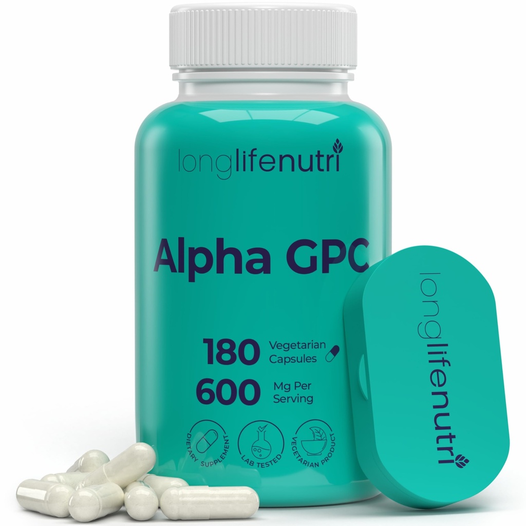Tambahan GPC Choline 600mg - 180 Vegetarian Capsules, Nootropic Tinggi untuk Daily Energy, 3-Bulan Supply, Acetylcholine Source for Cognitive & Mental Clarity, GMP Cerfied, Dibuat di USA