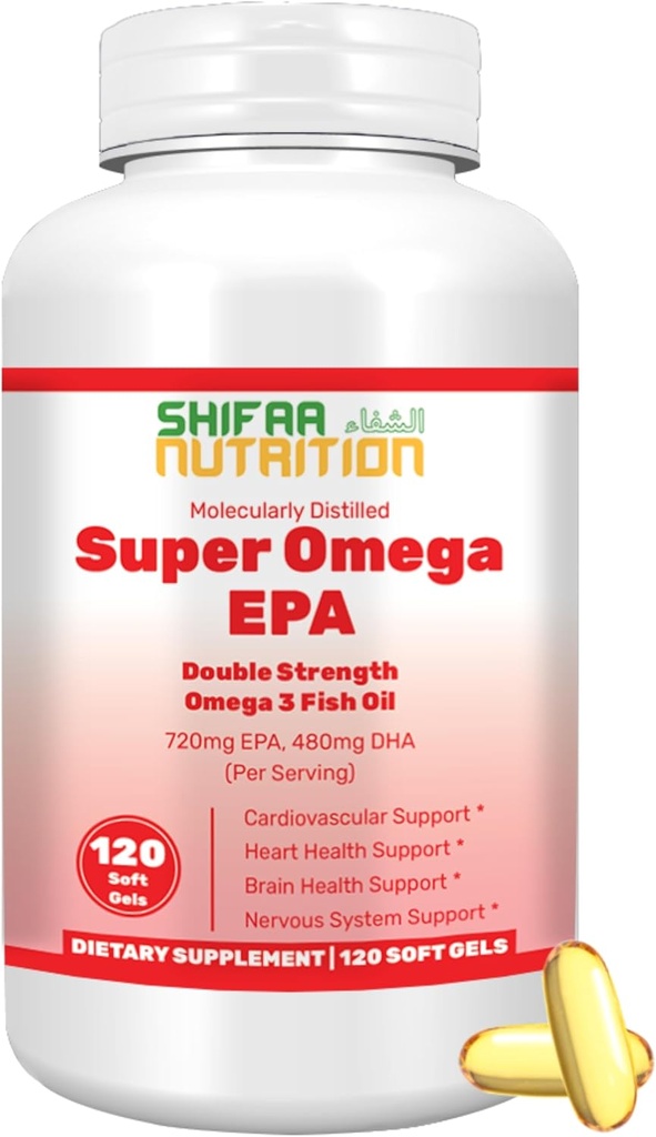 SHIFAA NUTRITISI Halal Fish Oil Softgeels 120 Ct, Kekuatan Ganda - Halal Omega 3 Suplemen Minyak Ikan. Wild Caught, Non- GMO & Purified