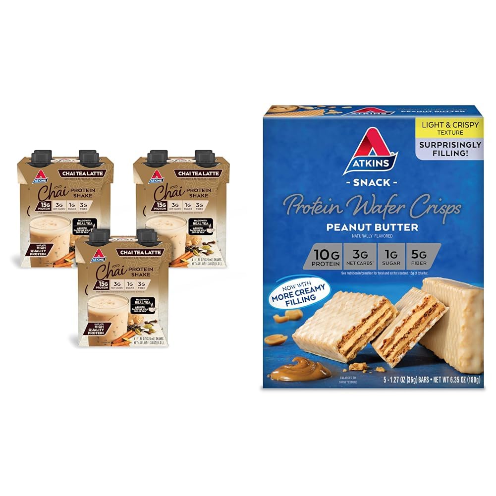Atkins Chai Tea Latte Protein Shake dengan 15g Protein, 3g Net Carb, 1g Sugar + Atkins Peanut Butter Protein Wafin dengan 10g Protein, 4g Net Carb, 1g Sugar, 5 Count