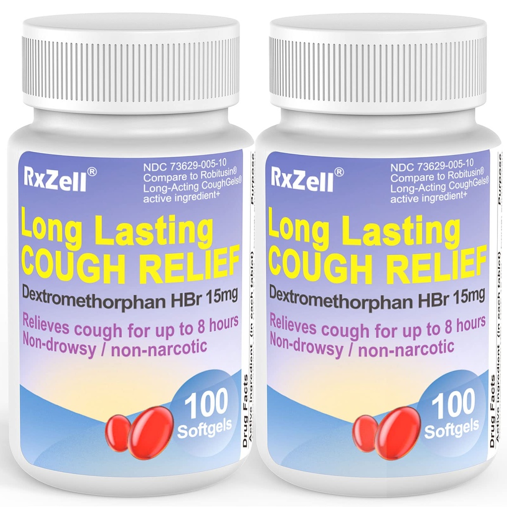 Relief Batuk Dewasa, Dextromethorphan HBr 15mg (200 Softgels), Lasting panjang 8 Jam, Non-Drowsy, Batuk / Bronchial Suppresan