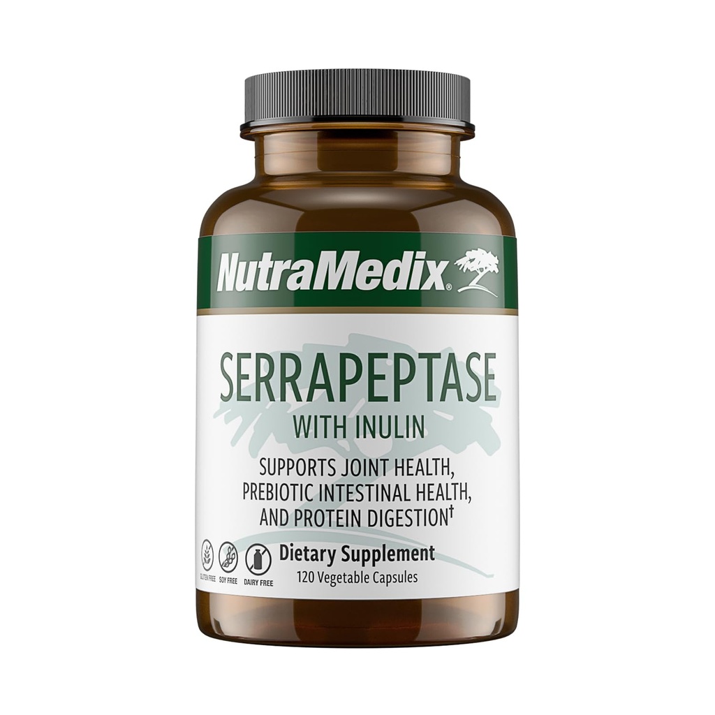 NutraMedix Serrapeptase Suplement with Proteolytic Digetical Enzymes for Women & Men - Inulin Prebiotic Fiber for Gut Health & Joint Support - Dairy, Soy & Gluten- Free (120 Capsules)