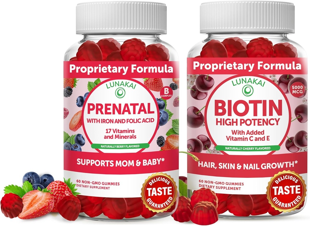 Lunakai Biotin dan Bundle Prenatal - Hair Skin dan Nails Growth Suplemen dengan Vitamin C dan E - Pregnancy Multivitamin Gummy dengan Acid Besi & Folic - 30 Hari Suppply