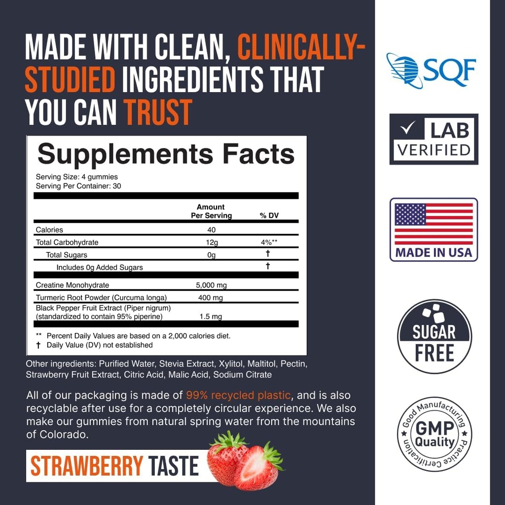 Ekowise Wellness Creatine Monohydrate Gummies 5000 mg, Chewables for Men & Women, Sugar Free Gummies - 121 Count, Fresh Strawberry