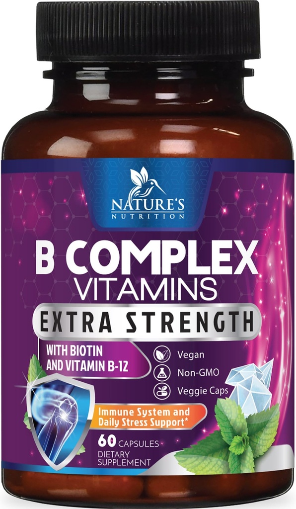 B Kompleks Vitamin Capsules - dengan Vitamin B12 B6 B100 C Biotin Folate & Folic Acid - Tambahan untuk Hati, Otak, & Nerve Dukungan - Super B-Complex untuk Imune & Energy Support - 60 Capsules