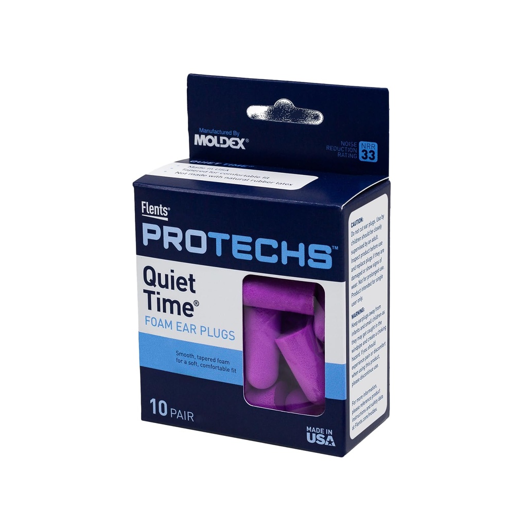Flaents Protechs Foam Ear Plugs, 10 Pair with Case for Snoise, Loud Noise, Traveling, Construction, Studying, Work, Shooting, NR33, Purple, Disposable, Made in the USA