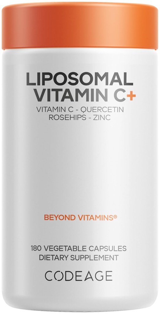 Codeage Lipomal Vitamin C 1500mg dengan Zinc, Elderberry, Citrus Bioflavonoid Grapefruit, Lemon, Powder Jeruk, Quercetin & Rose HIPS Fruit - Suplemen Vegan - Non-GMO, Segan pil, 180 Capsules