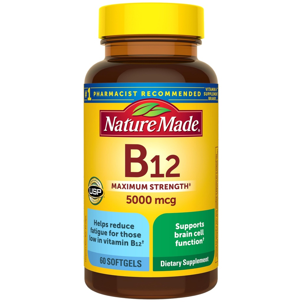 Nature Made Maximum Energy Vitamin B12 5000 mcg, Dietary Suplemen untuk Dukungan Metabolisme Energi, 60 Softgels, Supply 60 Hari