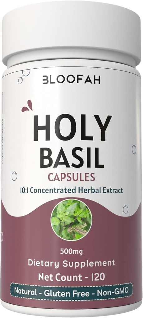 Holy Basil Leaf Capsules 500mg 124; konsentrasi 10: 1 Ekstrak Ocimum tenuiflorum Herbal Suplemen 12.4; Non-GMO, Gluten- Free 124; Mudah ke Swallow (120 Count (Paket 1)