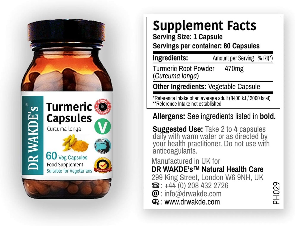 DR WAKDE 'S Turmeric Kapsul (Curcuma Longa, 60 Veg Caps, Plant - Based Suplemen, Ayurvedic Herb, All Natural, Vegan)