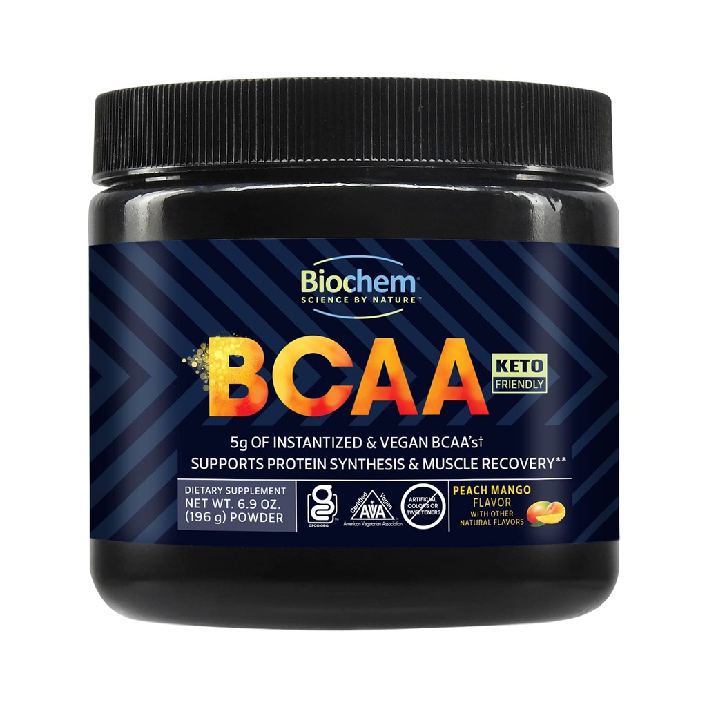 Biochem BCAA Powder Peach 5g - 30 Pelayan: 124; Vegan, Gluten Bebas, Keto, Instantized 2: 1 BCAA Tambahan untuk Pemulihan Otot, Sintesis Protein & Hidrasinya 124; Penyetrum Amino Acid Powder