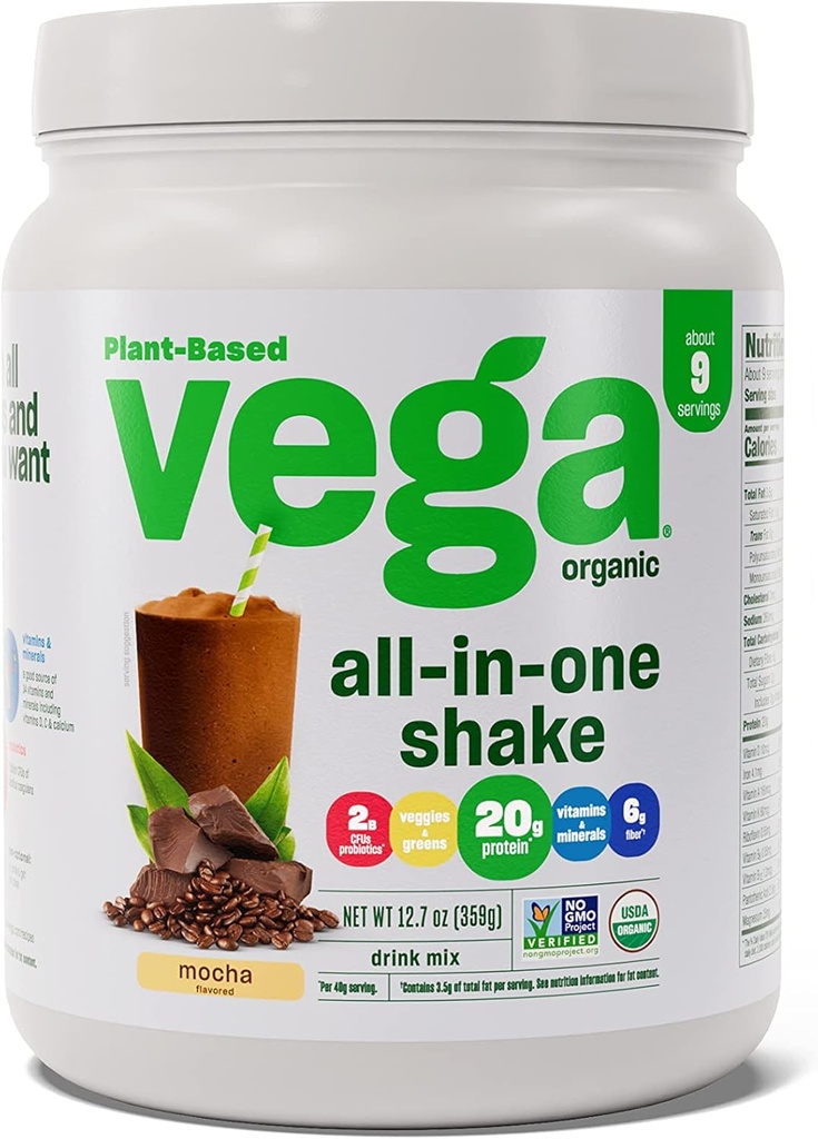 Vega Organik All-inOne Vegan Protein Mocha (9 Pelayan) Superfood Ingredictions, Vitamin untuk Dukungan Keto Friendly, Pea Protein untuk Perempuan & Men, 12.7oz (Packaging May Wary)
