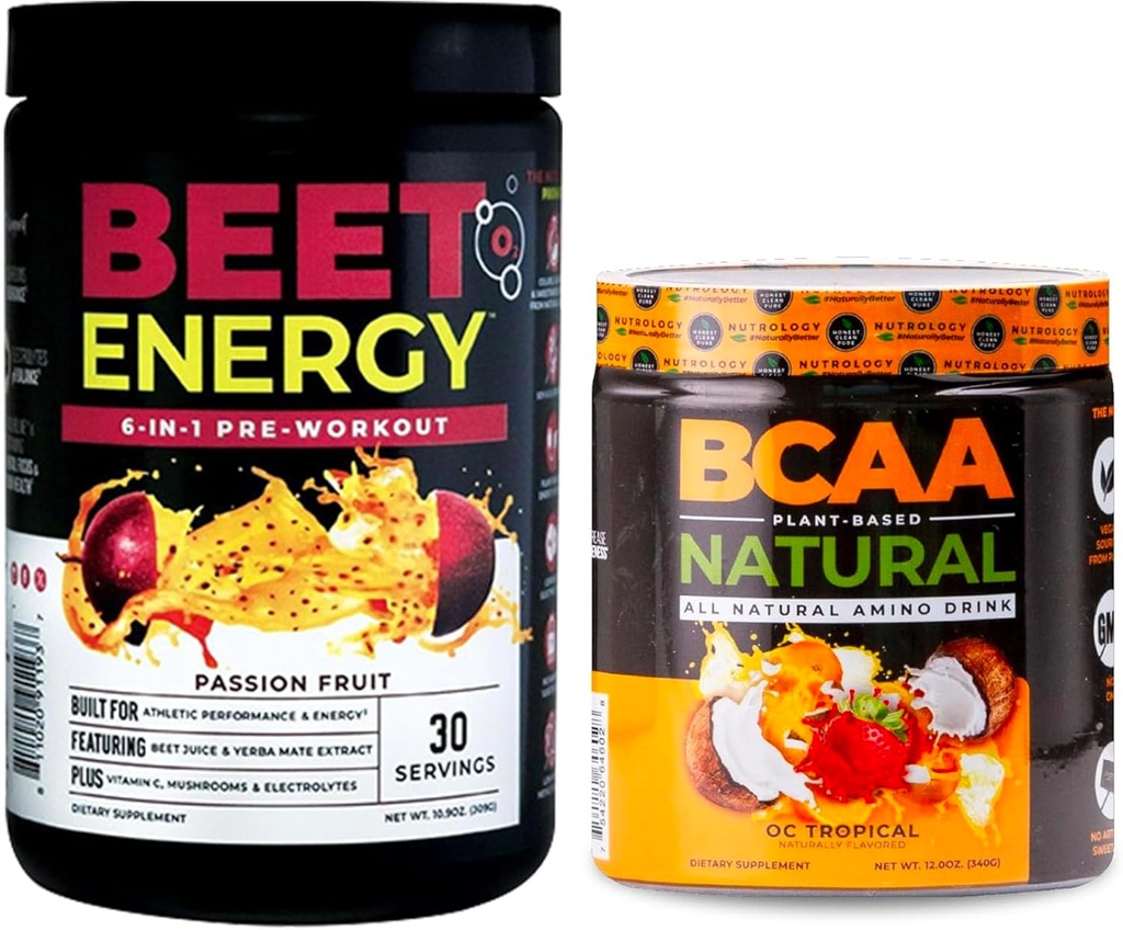 Nutrologi Beet Natural O2, Pra Workout Powder, Passion Fruit Flavor (30 Servings) BCAA Natural, Plant Based BCAA Powder, Orange Coconut Flavor (30 Servings)