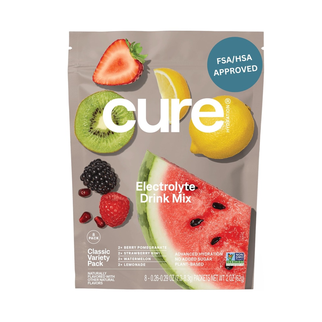 Cure Hidration 14; Plant-Based Electrolyte Drink Mix 124; No Added Sugar 14; FSA-HSA 124; Dehidrention Relief Pouder Made with Coconut Water 124; Non-GMO 124; Vegan 124; 8 Pack