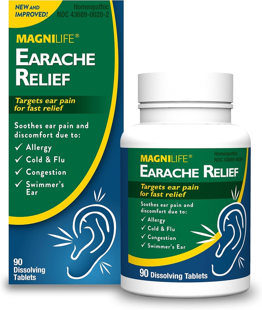 Relief Earache MagniLife, Fast- Bertindak Bantuan Alam untuk Telinga Perenang, Rasa Sakit dan Ketidaknyamanan dari Allergies, Dingin dan Flu - 90 Quick Dissolve Tablets