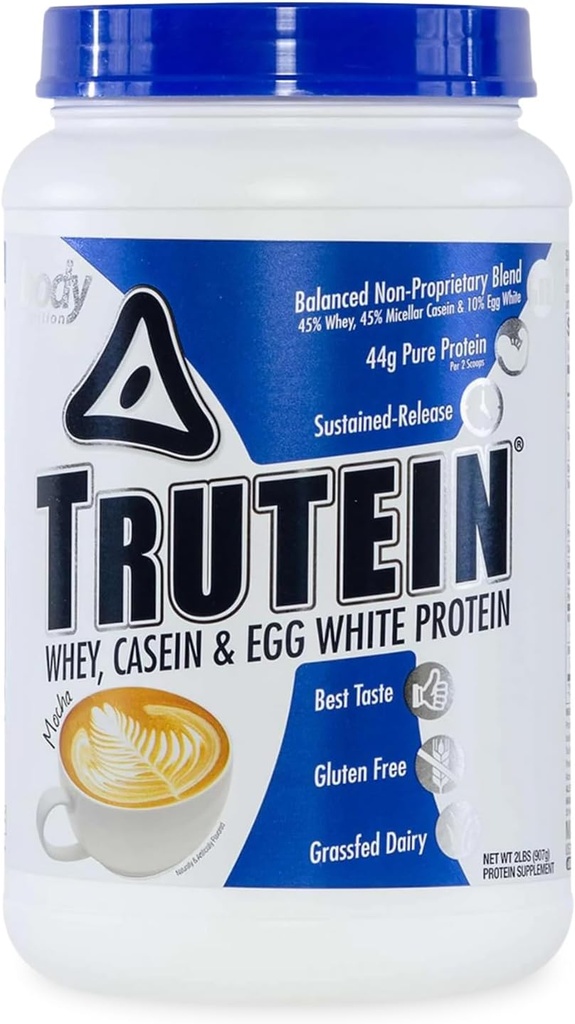 Powder Protein Tinggi Body Nutrition: 45% Whey, 45% Casein, 10% Egg White, Gluten- Free, Low Sodium, Grass Fed Whey Protein Powder, Gym Suplemen & Breakfast, Mocha, 2lb