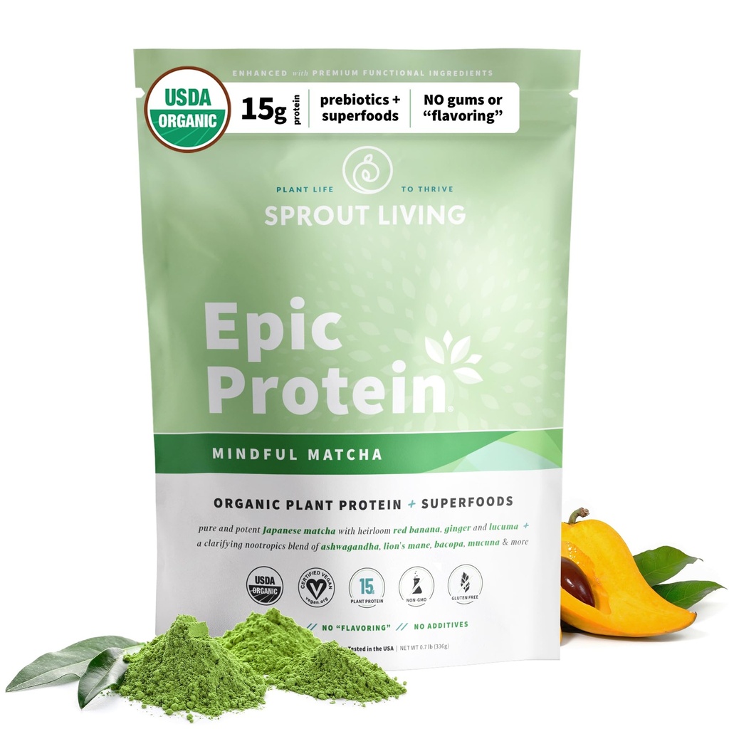 Sprout Living Epic Protein, Plant Based Protein & SuperFoods Powder, Mindful Matcha 124; 17 Grams Organic Protein Poader, Vegan, Non-GMO, Gluten Free, Adaptogens + Nootropics (1 Pound, 12 Pegawai)