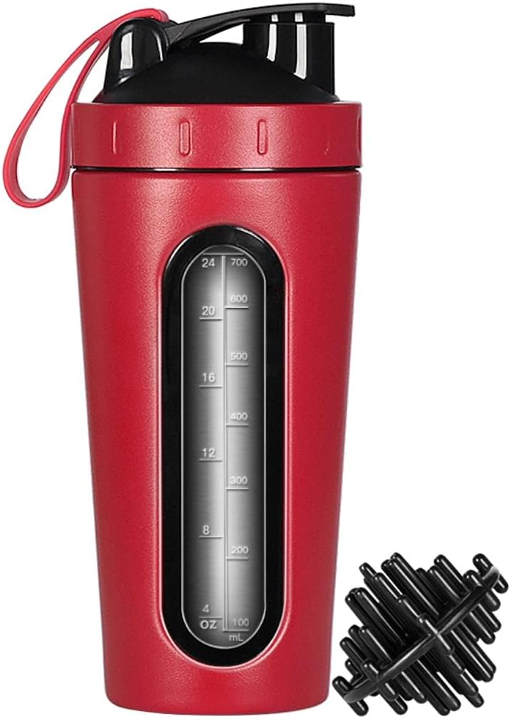 Protein Shake Bottle, Serinless Steel Shaker Cup, Sports Mixer Water Bottle, Invisible Window, Leak Proof, No BPA with Mixing Ball for Gym Fitness Workout, 28 Ounce, Red