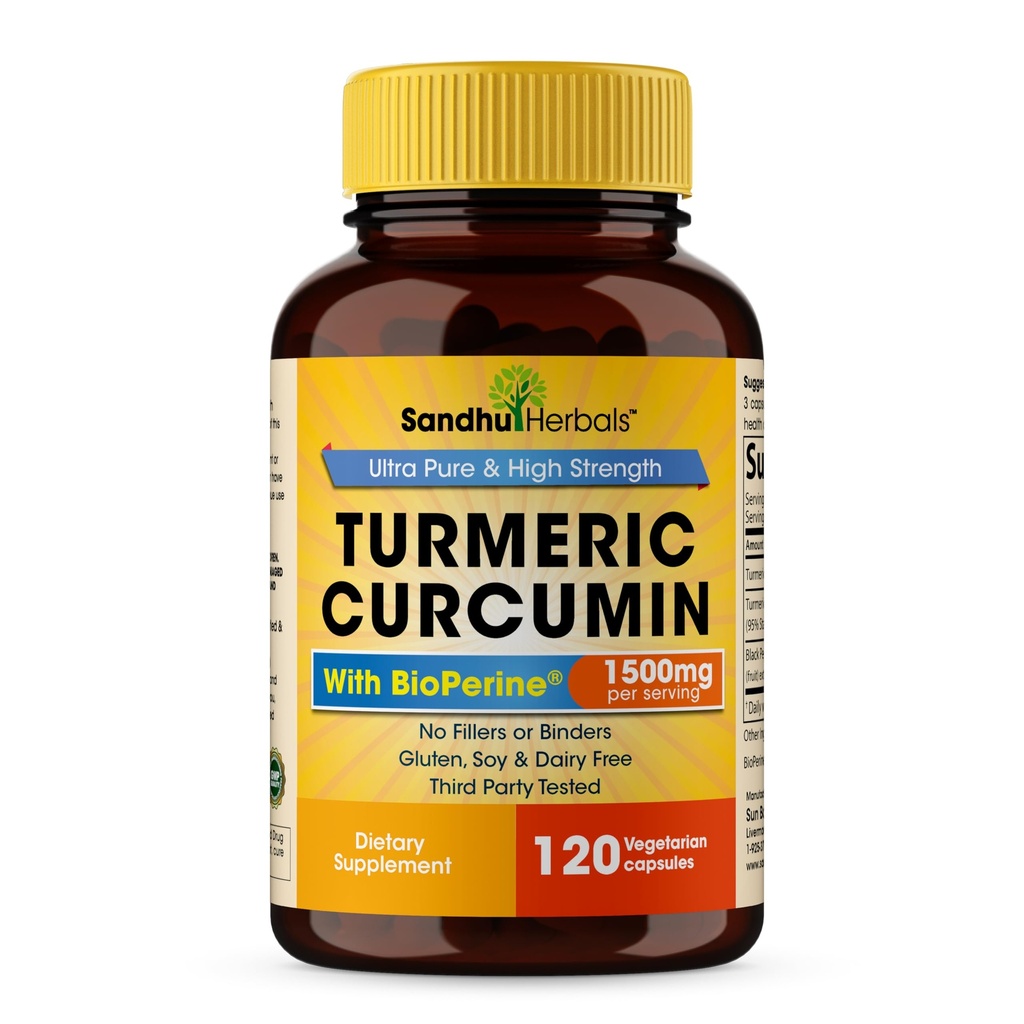 Sandhu Herbals Organic Turmeric Curcumin 120 Capsules with Bioperine Black Pepper Extract Supplement